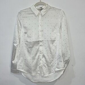 White Satin button front Rhinestone Womens Blouse size Small